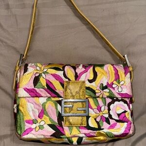 Vintage Fendi Lizard Trim Flower Embroidered baguette